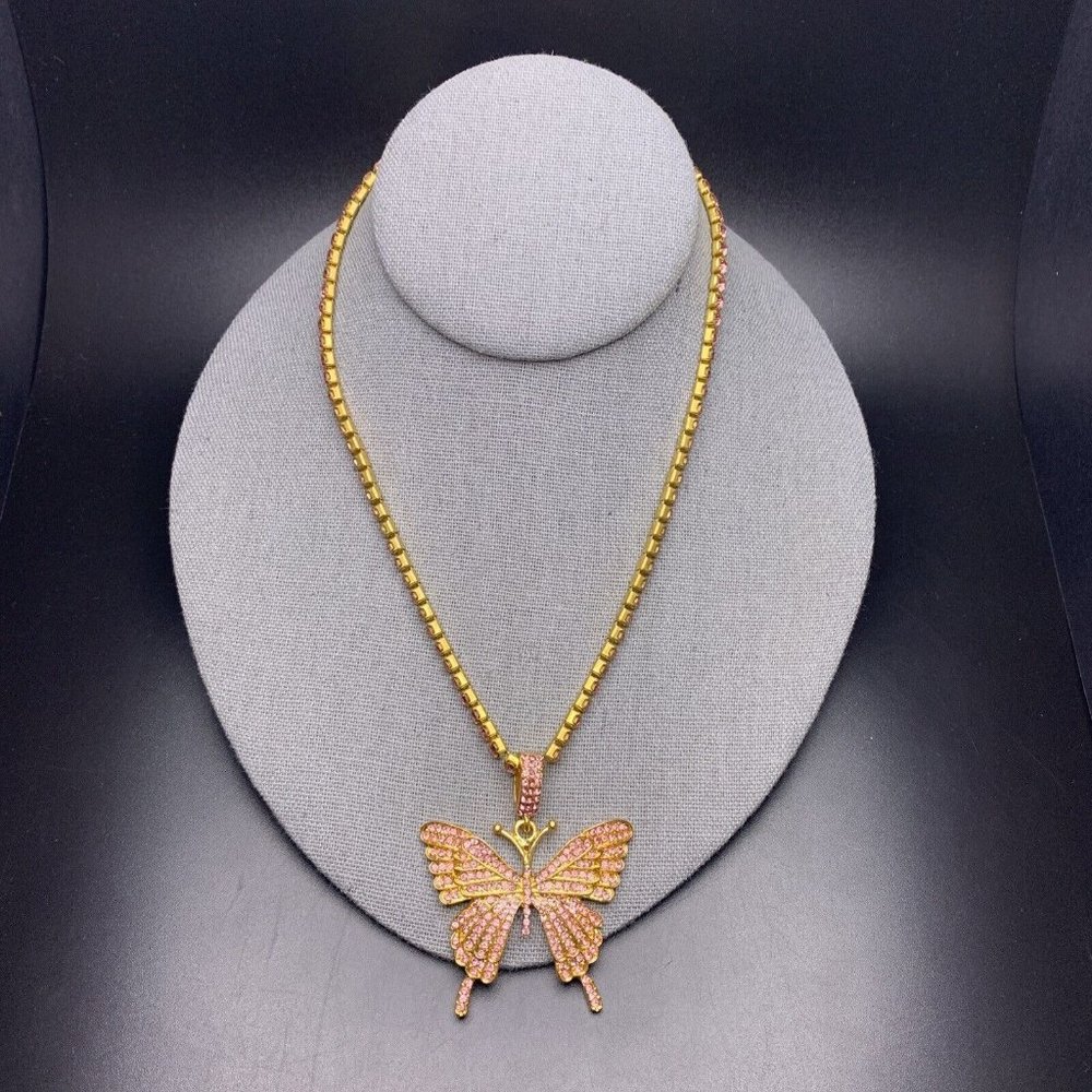 Pink Rhinestone Butterfly Pendant Necklace Gold Tone Studded Bling